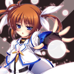 Rule 34 | 10s, 1girl, blue eyes, brown hair, female focus, fingerless gloves, gloves, hair ribbon, long sleeves, lowres, lyrical nanoha, magical girl, mahou shoujo lyrical nanoha, mahou shoujo lyrical nanoha the movie 1st, open mouth, raiou, ribbon, short twintails, solo, takamachi nanoha, takamachi nanoha (movie 1st mode), twintails, white devil