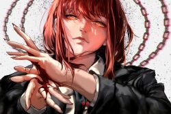 1girl artist_name black_coat black_necktie blood chain chainsaw_man closed_mouth coat collared_shirt commentary commission english_commentary esmile highres looking_at_viewer makima_(chainsaw_man) necktie ringed_eyes shirt solo white_shirt yellow_eyes
