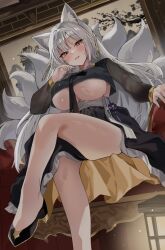 Rule 34 | 1girl, absurdres, animal ears, bare legs, black shirt, black shoes, black skirt, breasts, commentary request, commission, crop top, crop top overhang, crossed legs, fox ears, fox girl, fox tail, hailiu, hand up, highres, jeogori (clothes), kitsune, korean clothes, korean commentary, kyuubi, large breasts, long sleeves, multiple tails, open mouth, original, second-party source, see-through clothes, see-through sleeves, shirt, shoes, sitting, skirt, smile, solo, tail, thighs, underboob, white hair, yellow eyes