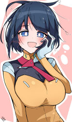 1girl black_hair blue_eyes blush bodysuit breasts bright_pupils gundam gundam_gquuuuuux highres large_breasts long_sleeves looking_at_viewer nejirehifumi open_mouth pink_background shiiko_sugai short_hair smile solo upper_body white_pupils