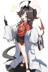 1girl absurdres bare_legs black_hair black_shorts blue_archive coat collared_shirt commentary demon_girl demon_horns demon_tail hair_intakes halo highres holding holding_walkie-talkie horns kasumi_(blue_archive) koroyarou lab_coat long_hair long_sleeves looking_at_viewer off_shoulder open_clothes open_coat open_mouth red_halo red_shirt sandals shirt shirt_tucked_in short_shorts shorts simple_background sleeves_past_fingers sleeves_past_wrists smile solo standing tail very_long_hair walkie-talkie white_background yellow_eyes