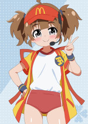 1girl back_bow badge black_eyes blue_background bow brown_hair buruma button_badge closed_mouth commentary cowboy_shot gym_shirt gym_uniform hair_tie hand_on_own_hip hat headset imadake_dabuchi_tabemi looking_at_viewer mcdonald&#039;s mizusaki_johnko red_buruma red_hat shirt short_hair short_sleeves single_vertical_stripe smile solo standing t-shirt tasuki twintails v visor_cap white_shirt wristband yellow_happi