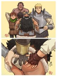 Rule 34 | 4boys, absurdres, armor, ass, bara, beard, black hair, blonde hair, chilchuck tims, commentary, dungeon meshi, english commentary, facial hair, fake horns, grabbing another&#039;s ass, groping, helmet, highres, horned helmet, horns, laios touden, long beard, male underwear, multiple boys, mustache, orc, saisio, senshi (dungeon meshi), short hair, underwear, yaoi, zon (dungeon meshi)