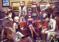 3boys 6+girls ahoge alternate_costume alternate_hairstyle animal_ears antonio_salieri_(fate) azusa_(hws) back backless_dress backless_outfit black_dress black_hair black_hairband black_hat black_jacket black_ribbon black_suit blue_bow blue_eyes bob_cut bouquet bow bowtie braid breasts brown_hair brown_necktie butt_crack buttoned_cuffs buttons caenis_(fate) caenis_(fgo_fes._2022)_(fate) candy charlemagne_(fate) charlemagne_(fgo_fes._2022)_(fate) closed_mouth commentary_request copyright_name couch creature crossed_legs dark-skinned_female dark_skin drawing_(object) dress earclip earrings fate/grand_order fate_(series) flower food formal_clothes fou_(fate) glasses gloves grey_hat grey_pants grey_suit grin habetrot_(fate) hair_between_eyes hair_intakes hair_over_one_eye hairband hand_in_pocket hat hidari_(left_side) highres hirai_yukio holding holding_bouquet holding_candy holding_food holding_lollipop holding_unworn_clothes holding_unworn_hat indoors jacket jacket_on_shoulders jewelry katana koyama_hirokazu lakshmibai_(fate) large_breasts lollipop long_hair long_sleeves looking_at_viewer looking_back mash_kyrielight mash_kyrielight_(fgo_fes._2022) median_furrow medium_breasts multicolored_hair multiple_boys multiple_girls nape_braid neck_ribbon necktie official_art one_eye_closed one_eye_covered pants pfalz pink_eyes pink_hair ponytail purple_dress purple_eyes purple_gloves purple_hair red_eyes red_flower red_necktie red_rose ribbon rose scathach_(fate) scathach_skadi_(fate) see-through_clothes serious sheath sheathed short_hair shoulder_blades sideboob sitting sleeveless sleeveless_dress smile standing strapless strapless_dress suit sword takeuchi_takashi tassel teeth textless_version tiara toi8 toned tongue tongue_out trait_connection twin_braids two-tone_hair unworn_hat unworn_headwear very_long_hair wada_arco watanabe_no_tsuna_(fate) weapon white_flower white_gloves white_hair white_pants white_suit yu_mei-ren_(fate) yu_mei-ren_(fgo_fes._2022)_(fate)