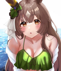 1girl :o absurdres animal_ears bare_shoulders bikini blush bow braid breasts brown_eyes brown_hair byakko_0410 cleavage collarbone ear_ribbon green_bikini half_up_braid half_updo highres horse_ears horse_girl large_breasts long_hair looking_at_viewer ocean satono_diamond_(umamusume) solo swimsuit umamusume water