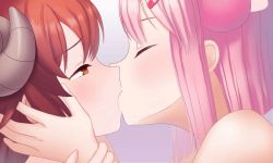 2girls animated animated_gif blush brown_eyes brown_hair chiyoda_momo close-up closed_eyes demon_girl demon_horns french_kiss hair_ornament hairclip half-closed_eyes horns huge_filesize kiss looping_animation machikado_mazoku medium_hair multiple_girls najar pink_hair saliva saliva_trail tongue tongue_out yoshida_yuuko_(machikado_mazoku) yuri