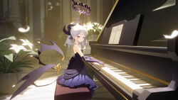 1girl absurdres blue_archive demon_horns demon_wings dress earrings elbow_gloves feathers floating_earring gloves grand_piano halo highres hina_(blue_archive) hina_(dress)_(blue_archive) horns indoors instrument jewelry long_hair looking_at_viewer low_wings multiple_horns official_alternate_costume piano purple_dress purple_eyes purple_gloves sitting solo strapless strapless_dress white_hair wings yuyiosang