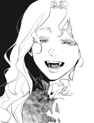 character_request commentary copyright_request english_commentary eyelashes fangs greyscale guul_(ghoul_231113) highres korean_commentary long_hair mixed-language_commentary monochrome narrowed_eyes open_mouth portrait smile solo wavy_hair