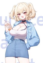 1girl alternate_costume blonde_hair blue_jacket blue_skirt blush breasts burnice_white cleavage commentary_request cowboy_shot cup denim denim_skirt disposable_cup hand_on_own_hip highres holding holding_cup jacket large_breasts long_hair looking_at_viewer miniskirt open_mouth red_eyes shirt simple_background skirt smile solo taiyaki12 two_side_up white_background white_shirt zenless_zone_zero