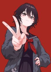 Rule 34 | 1girl, black hair, black shirt, black skirt, blush, from below, grey jacket, hand on own hip, highres, iris black games, jacket, kisaragi ren (5th costume), kisaragi ren (vtuber), looking at viewer, neckerchief, niboshidrip, red background, red eyes, red neckerchief, sailor collar, school uniform, shirt, simple background, skirt, solo, upper body, v, virtual youtuber, vspo!, wolf cut
