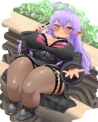 1girl a-maki_tasuke absurdres black_boots black_coat boots bra breasts cellphone cleavage coat commentary_request commission cross dutch_angle expressionless final_fantasy final_fantasy_xiv full_body glasses highres holding holding_phone lace lace-trimmed_bra lace-trimmed_thighhighs lace_trim lalafell large_breasts phone pink_bra pink_eyes plump pointy_ears purple_hair reaching reaching_towards_viewer shortstack sitting skeb_commission smartphone solo thick_thighs thigh_strap thighhighs thighs underwear warrior_of_light_(ff14) wide_hips