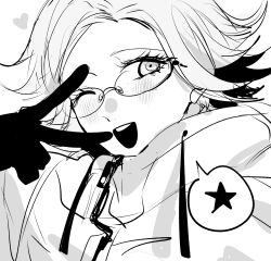 1boy ;d absurdres aotsuki_eito commentary_request eyelashes gloves heart highres jacket male_focus one_eye_closed open_mouth portrait short_hair simple_background sketch smile solo speech_bubble spoken_star star_(symbol) teeth thai_commentary the_hundred_line_-last_defense_academy- upper_teeth_only v white_background yfmaichobmkr