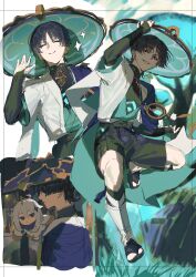 Rule 34 | 1boy, 1girl, aqua hat, aqua kimono, aqua sleeves, armor, bishounen, black bridal gauntlets, black eyes, black hair, black leggings, black sandals, black shorts, blue gemstone, blunt ends, bridal gauntlets, cape, closed eyes, closed mouth, diamond hair ornament, eyeliner, eyeshadow, facing viewer, feathers, floating, furisode, gem, genshin impact, gold, greyscale, grin, halo, hand up, hat, highres, hubi aka, japanese armor, japanese clothes, jingasa, juban, kimono, kote, kurokote, layered sleeves, leg warmers, leggings, levitation, looking at viewer, makeup, mechanical halo, monochrome, multiple views, open clothes, open hand, open kimono, paimon (genshin impact), pom pom (clothes), purple cape, purple eyes, red eyeliner, red eyeshadow, romper, sandals, scaramouche (genshin impact), short hair, short hair with long locks, short sleeves, shorts, sidelocks, smile, tassel, teeth, tsurime, vision (genshin impact), wanderer (genshin impact), white hair, white kimono, white leg warmers, white romper, white sleeves, wispy bangs, yellow feathers, zouri