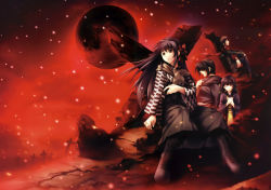 1boy 3girls absurdres amemiya_hatsune black_hair black_skirt boots brother_and_sister brown_eyes cartagra closed_eyes cross grave hair_over_eyes highres japanese_clothes kouzuki_kazuna lace-up_boots long_hair meiji_schoolgirl_uniform moon multiple_girls official_art outdoors own_hands_clasped own_hands_together pleated pleated_skirt red_sky scarf siblings sitting skirt sky snowing sugina_miki takashiro_nana takashiro_shugo