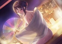 1girl ass back blush breasts brown_hair building city_lights cityscape covering_privates from_behind grin hair_between_eyes hair_bun highres holding holding_towel kaga_touko_(ninki_haishinsha-tachi_no_manager) lamp large_breasts looking_back night ninki_haishinsha-tachi_no_manager_ni_nattara_zenin_motokano_datta nose_blush novel_illustration nude_cover official_art purple_eyes sakamuke see-through_silhouette sitting skyscraper smile solo thighs towel water