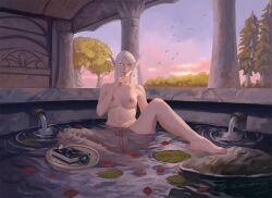 Rule 34 | 1girl, bath, bathhouse, bird, breasts, clitoris piercing, column, commission, completely nude, ear piercing, earrings, elbnzhada, elf, floating, floating object, floating tray, glasses, glowing, glowing eyes, green eyes, hair ornament, hair scrunchie, hand to own mouth, imminent masturbation, jewelry, long eyebrows, looking at viewer, medium breasts, navel piercing, nipple piercing, nude, one-eyed, outdoors, parted lips, piercing, pillar, pointy ears, pussy, pussy piercing, scar, scrunchie, signature, spread legs, sunset, tree, warcraft, white hair, world of warcraft