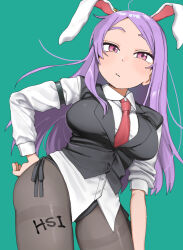 1girl animal_ears black_jacket black_leotard blazer blue_background breasts character_name closed_mouth collared_shirt commentary contrapposto cookie_(touhou) cowboy_shot grey_pantyhose hand_on_own_hip highres hisui_(cookie) jacket large_breasts leotard leotard_under_clothes long_hair long_sleeves looking_at_viewer necktie pantyhose pink_eyes pura_(aiueo256375) purple_hair rabbit_ears rabbit_girl red_necktie reisen_udongein_inaba shirt simple_background solo swept_bangs symbol-only_commentary thighband_pantyhose touhou very_long_hair white_shirt