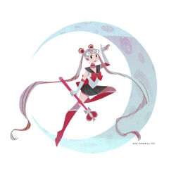 1girl ann_marcellino artist_name back_bow bishoujo_senshi_sailor_moon blonde_hair boots bow bowtie choker commentary crescent double_bun earrings elbow_gloves english_commentary full_body gloves hair_bun holding holding_wand huge_moon jewelry knee_boots long_hair magical_girl miniskirt moon red_boots red_bow red_bowtie red_choker sailor_collar sailor_moon sailor_senshi_uniform skirt solo tsukino_usagi twintails wand white_gloves