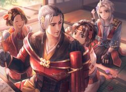 armor black_hair brown_eyes brown_hair bug calligraphy_brush family father_and_daughter father_and_son flower grey_eyes headband insect japanese_clothes kimono ladybug paintbrush sanada_masayuki sanada_nobuyuki sanada_yukimura_(sengoku_musou) sengoku_musou siblings sitting tatami white_hair