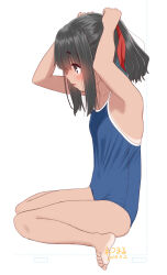 1girl :o adjusting_hair armpits artist_name bare_shoulders barefoot black_hair blush breasts competition_school_swimsuit dated dotted_line highres long_hair looking_ahead one-piece_swimsuit one-piece_tan open_mouth original ponytail red_ribbon retsumaru ribbon school_swimsuit sidelocks signature simple_background sitting small_breasts soles solo swimsuit tan tanline wariza white_background
