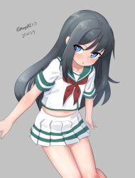 Rule 34 | 1girl, absurdres, asashio (kancolle), black hair, blue eyes, cosplay, dated, feet out of frame, green sailor collar, grey background, highres, invisible chair, kantai collection, kiso (kancolle), kiso (kancolle) (cosplay), long hair, maru (marg0613), neckerchief, one-hour drawing challenge, pleated skirt, red neckerchief, sailor collar, sailor shirt, school uniform, serafuku, shirt, short sleeves, simple background, sitting, skirt, solo, twitter username, white shirt, white skirt