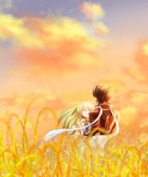Rule 34 | blonde hair, brown hair, closed eyes, cloud, cloudy sky, colette brunel, dress, facing another, floating hair, highres, holding hands, ikuratoro225784, jacket, lloyd irving, long sleeves, red shirt, scarf, shirt, sky, smile, sunset, suspenders, tales of (series), tales of symphonia, wheat field, white dress, white jacket, white scarf