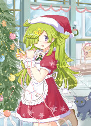 Rule 34 | 1girl, absurdres, aki mabayu, amy (madoka magica), animal, apron, cat, christmas, christmas tree, dress, green hair, highres, holding, holding scissors, indoors, kishimen hair, looking at viewer, looking to the side, magia record: mahou shoujo madoka magica gaiden, mahou shoujo madoka magica, one eye covered, purple eyes, santa costume, santa dress, scissors, selistella, short sleeves, solo, waist apron, white apron