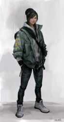 absurdres beanie black_hair denim dokkaebi_(rainbow_six_siege) fanny_pack full_body glasses green_jacket hat highres hood hoodie jacket jeans multicolored_hair non-web_source open_clothes open_jacket pants rainbow_six_siege realistic round_eyewear shoes streaked_hair tb_choi12 two-tone_hair white_shoes