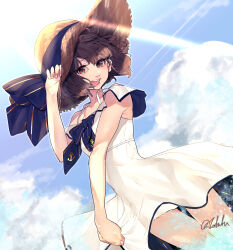 1girl absurdres anchor_symbol blue_sky bow brown_eyes brown_hair cloud cowboy_shot day dress dutch_angle fuwafuwatoufu hat highres kantai_collection looking_at_viewer ocean official_alternate_costume open_mouth outdoors short_hair sky smile solo speaking_tube_headset straw_hat sun_hat sundress sunlight twitter_username water white_dress yukikaze_(kancolle) yukikaze_(summer)_(kancolle)