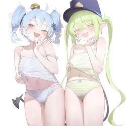 2girls absurdres ahoge blue_archive blue_eyes blue_hair blue_hat blue_panties blush bow bow_panties camisole camisole_lift clothes_lift commentary demon_tail english_commentary fang flower green_camisole green_hair green_panties hair_between_eyes hair_flower hair_ornament hand_up hat highres lifting_own_clothes looking_at_viewer medium_hair military_hat multiple_girls navel nozomi_(blue_archive) open_mouth panties pointy_ears simple_background skin_fang standing strap_slip tail twintails underwear white_background white_camisole wuthering_waves xaea_xp yellow_eyes youhu_(wuthering_waves)