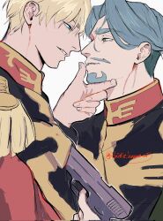 2boys aiming artist_name beard blonde_hair blue_eyes challia_bull char_aznable commentary_request epaulettes facial_hair green_eyes green_hair gun gundam gundam_gquuuuuux handgun high_collar highres holding holding_gun holding_weapon jacket long_sleeves male_focus military_jacket military_uniform multiple_boys mustache open_mouth short_hair simple_background smile thisis_heavenw7 twitter_username upper_body weapon white_background yaoi