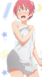 1girl anime_screenshot bare_shoulders blue_bow blush book bow collarbone dot_nose female_focus hair_between_eyes hair_bun half_moon heart highres kanojo_mo_kanojo long_hair moon naked_towel open_mouth pencil red_eyes red_hair ruler saki_saki scared shoulder_blush simple_background single_hair_bun solo solo_focus star_(symbol) stitched surprised sweat sweatdrop teeth thighs thighs_focus third-party_edit tongue towel upper_teeth_only white_background