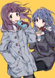 2girls black_coat blue_hair blush_stickers chinese_commentary chopsticks coat commentary_request cup cup_ramen drink gloves green_eyes grey_coat hair_down hand_in_pocket highres holding holding_chopsticks holding_cup holding_drink long_hair multiple_girls purple_eyes purple_hair red_gloves scarf shaofangziran shima_rin simple_background sitting standing toki_ayano white_scarf yellow_background yurucamp