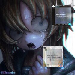 1girl artist_name blue_eyes chromatic_aberration constricted_pupils crying crying_with_eyes_open fang highres higurashi_no_naku_koro_ni kinutaku open_mouth portrait ryuuguu_rena sailor_collar scared school_uniform serafuku short_hair solo sweat tears teeth tongue twitter twitter_screenshot