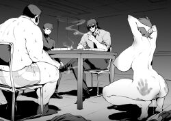 1girl 3boys absurdres armpits arms_behind_head arms_up ass back benkei_kuruma boxer_briefs breasts cigarette unworn_clothes collared_shirt crossed_legs curvy genderswap genderswap_(mtf) getter_robo gou_saotome greyscale highres holding holding_cigarette huge_breasts indoors jin_hayato looking_at_another male_underwear monochrome multiple_boys multiple_girls nagare_ryoma necktie nipples nude playing_games pussy pussy_juice shirt short_hair sideboob sitting slap_mark sleeves_rolled_up smoke spanked squatting sunglasses sweat sweater table thirty_8ght turtleneck turtleneck_sweater underwear