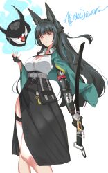1girl abrokedrawer absurdres animal_ears artist_name black_gloves black_hair black_necktie black_skirt blunt_bangs blush breasts cleavage cowboy_shot fingerless_gloves fox_ears fox_girl gloves green_jacket high-waist_skirt highres holding holding_sword holding_weapon hoshimi_miyabi jacket large_breasts long_hair looking_at_viewer necktie parted_lips red_eyes shirt sidelocks signature simple_background single_fingerless_glove skirt solo standing sword thighs weapon white_shirt zenless_zone_zero