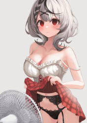 1girl @_@ absurdres black_hair blush braid breasts camisole cleavage clothes_lift collarbone electric_fan garter_belt garter_straps grey_hair hair_ornament highres hololive large_breasts looking_at_viewer medium_hair multicolored_hair nikahoshikuzu plaid_clothes plaid_skirt red_eyes sakamata_chloe simple_background skirt skirt_lift solo streaked_hair virtual_youtuber white_camisole x_hair_ornament