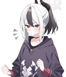 1girl black_choker black_hair black_hoodie black_horns blue_archive blush choker clenched_hand closed_mouth collarbone commentary_request demon_horns frown halo highres hood hood_down hoodie horns kayoko_(blue_archive) long_sleeves looking_at_viewer mole mole_on_shoulder multicolored_hair ponytail red_eyes sidelocks simple_background solo two-tone_hair ugai0524 white_background white_hair