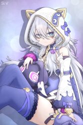 1girl animal_hood aqua_eyes artist_name bags_under_eyes bare_shoulders braid detached_sleeves highres honkai_(series) honkai_impact_3rd hood long_hair looking_at_viewer low_twintails pillow sitting sjiraaaaa smile solo stuffed_animal stuffed_toy theresa_apocalypse theresa_apocalypse_(schicksal&#039;s_imperative) thighhighs twintails very_long_hair white_hair