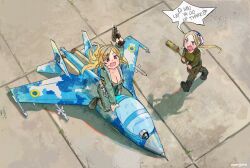 2girls aircraft airplane angry arm_up blue_eyes breasts broom character_request chibi cleavage commentary commission deformed english_commentary english_text fighter_jet freckles from_above furrowed_brow gun handgun holding holding_broom holding_gun holding_weapon large_breasts makarov_pm medium_breasts military military_vehicle multiple_girls olena_bozhuk open_mouth original red_eyes riding smile tongue tryzub ukraine usergore weapon