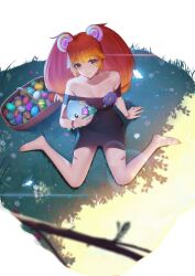 1girl absurdres barefoot basket black_dress breasts commentary dress easter easter_egg egg english_commentary from_above full_body grass highres holding long_hair looking_at_viewer medium_breasts off-shoulder_dress off_shoulder orange_hair purple_eyes reefling_(stronny_cuttles) second-party_source shadow simple_background sitting solo stronny_cuttles stuffed_toy toes twintails vallure virtual_youtuber waltz_w_me wariza white_background