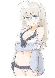 1girl ahoge akara_kai bikini blonde_hair blue_eyes breasts cleavage cowboy_shot frilled_bikini frills glasses grey_hair grey_jacket hat heywood_l._edwards_(kancolle) highres jacket kantai_collection large_breasts long_hair looking_at_viewer medium_breasts simple_background smile solo swimsuit swimsuit_under_clothes white_background white_bikini