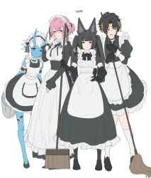 1boy 3girls animal_ear_fluff animal_ears asaba_harumasa black_gloves black_hair blue_skin blunt_bangs blush broom brown_eyes closed_mouth colored_skin elbow_gloves fox_ears fox_girl full_body glasses gloves hair_bun hand_on_own_hip hashtag-only_commentary headband highres holding holding_broom horns hoshimi_miyabi hssfaxee long_hair maid maid_headdress multiple_girls one_eye_closed oni parted_bangs pink_eyes pink_hair pointy_ears red_eyes short_hair sidelocks simple_background smile soukaku_(zenless_zone_zero) standing sweatdrop tsukishiro_yanagi white_background white_hair yellow_headband zenless_zone_zero