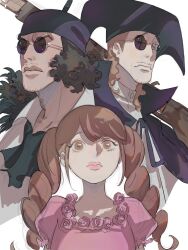 1girl 2boys black_cape black_hair black_hat brown_eyes brown_hair cape charlotte_pudding closed_mouth coat curly_hair dress drill_hair facial_hair frn_1052 glasses goatee_stubble gun hat highres holding holding_gun holding_weapon kuzan_(aokiji) long_hair long_sleeves looking_at_viewer multiple_boys one_piece open_clothes open_coat pink_dress pink_lips rectangular_eyewear rifle round_eyewear shirt stubble sunglasses twintails van_augur weapon