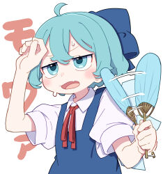Rule 34 | 1girl, absurdres, afterimage, ahoge, blue bow, blue dress, blue eyes, blue hair, blush, bow, cirno, collared shirt, commentary, double-parted bangs, dress, fang, fanning self, hair bow, hand fan, highres, holding, holding fan, hot, kame (kamepan44231), motion lines, neck ribbon, open mouth, pinafore dress, red ribbon, ribbon, shirt, short hair, short sleeves, simple background, skin fang, sleeveless, sleeveless dress, solo, sweat, touhou, upper body, white background, white shirt