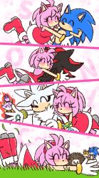 4koma ^_^ amy_rose blaze_the_cat blush boots cat child closed_eyes comic dress fire fox gloves grass hedgehog hug jealous jumping lying sega shadow_the_hedgehog shoes silver_the_hedgehog size_difference sonamy sonic_(series) sonic_the_hedgehog spiked_hair tail tails_(sonic) yotsumeddd