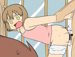 1boy 2girls ass ayumu_niikura bar_censor blonde_hair blush brown_hair caught censored city_(arawi_keiichi) echi_no_tami looking_at_another multiple_girls nagumo_midori open_mouth penis pink_shirt scene_reference sex shirt short_hair shorts shorts_down surprised sweat testicles white_shorts wide-eyed yellow_eyes