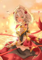 1girl :d absurdres armor armored_dress dress flower gauntlets genshin_impact green_eyes grey_hair hair_flower hair_ornament highres looking_at_viewer looking_back maid_headdress noelle_(genshin_impact) open_mouth pauldrons petals red_flower red_rose rose rose_petals shoulder_armor smile solo sunset yifencraig