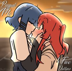Rule 34 | 2girls, absurdres, blue hair, blurry, blurry background, blush, bocchi the rock!, closed eyes, cloud, cloudy sky, cursive, english text, hair ornament, hairclip, hand on another&#039;s cheek, hand on another&#039;s face, highres, kiss, kita ikuyo, long hair, looking at another, multiple girls, nattydodo 002, outdoors, red hair, school uniform, shimokitazawa high school uniform, short hair, shuka high school uniform, side ponytail, sky, yamada ryo, yellow eyes, yellow sky, yuri