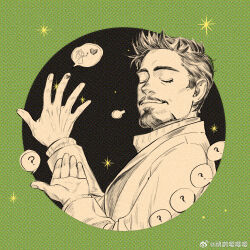 Rule 34 | 1boy, ?, border, chinese commentary, closed eyes, closed mouth, commentary request, er miao ying ying ying, facial hair, fingernails, green border, hands up, jacket, lapels, long sleeves, male focus, marvel, marvel cinematic universe, open clothes, open jacket, outside border, partially colored, puffy long sleeves, puffy sleeves, short hair, smile, solo, speech bubble, spoken question mark, star (symbol), sweater, tony stark, turtleneck, turtleneck sweater, upper body